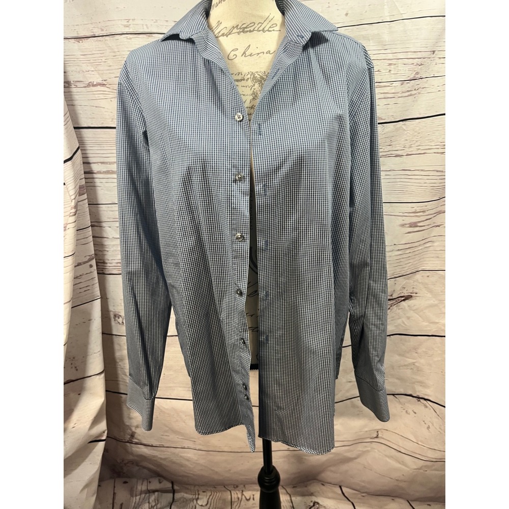 Calvin Klein Mens Non Iron Slim Fit Gingham Dress Shirt Blue White Size 16 34/35